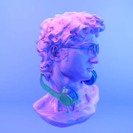 Gypsum statue of David's head. Creative. Plaster statue of David's head in blue sunglasses and crown. Minimal concept art.