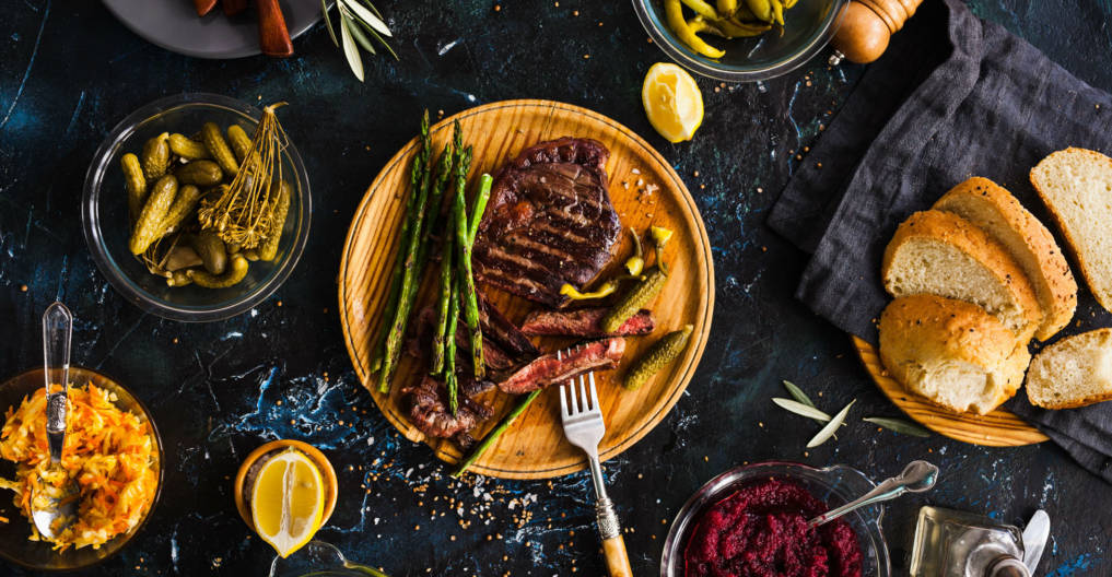 BBQ Beef steak with pickled veggies, cucumber, cabbage, beeroot,