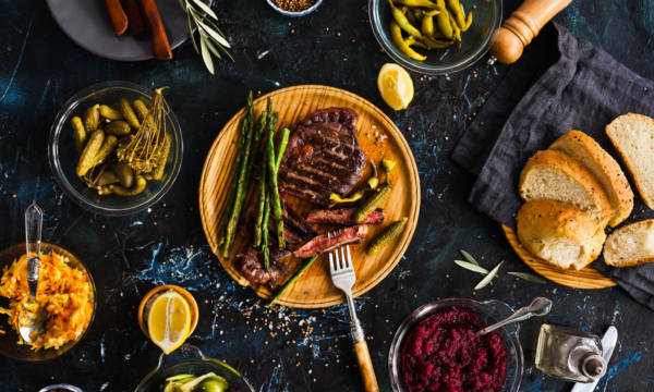 BBQ Beef steak with pickled veggies, cucumber, cabbage, beeroot,