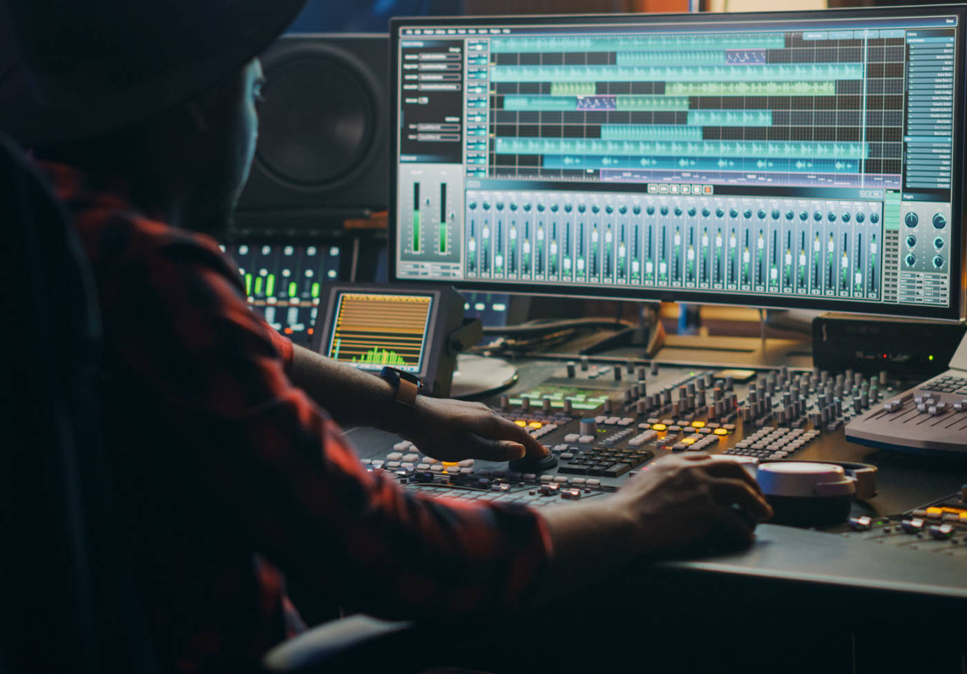 Music Creator, Musician, Artist Works in the Music Record Studio, Uses Surface Control Desk Equalizer Mixer. Buttons, Faders, Sliders to Broadcast, Record, Play Hit Song. Close-up Shot