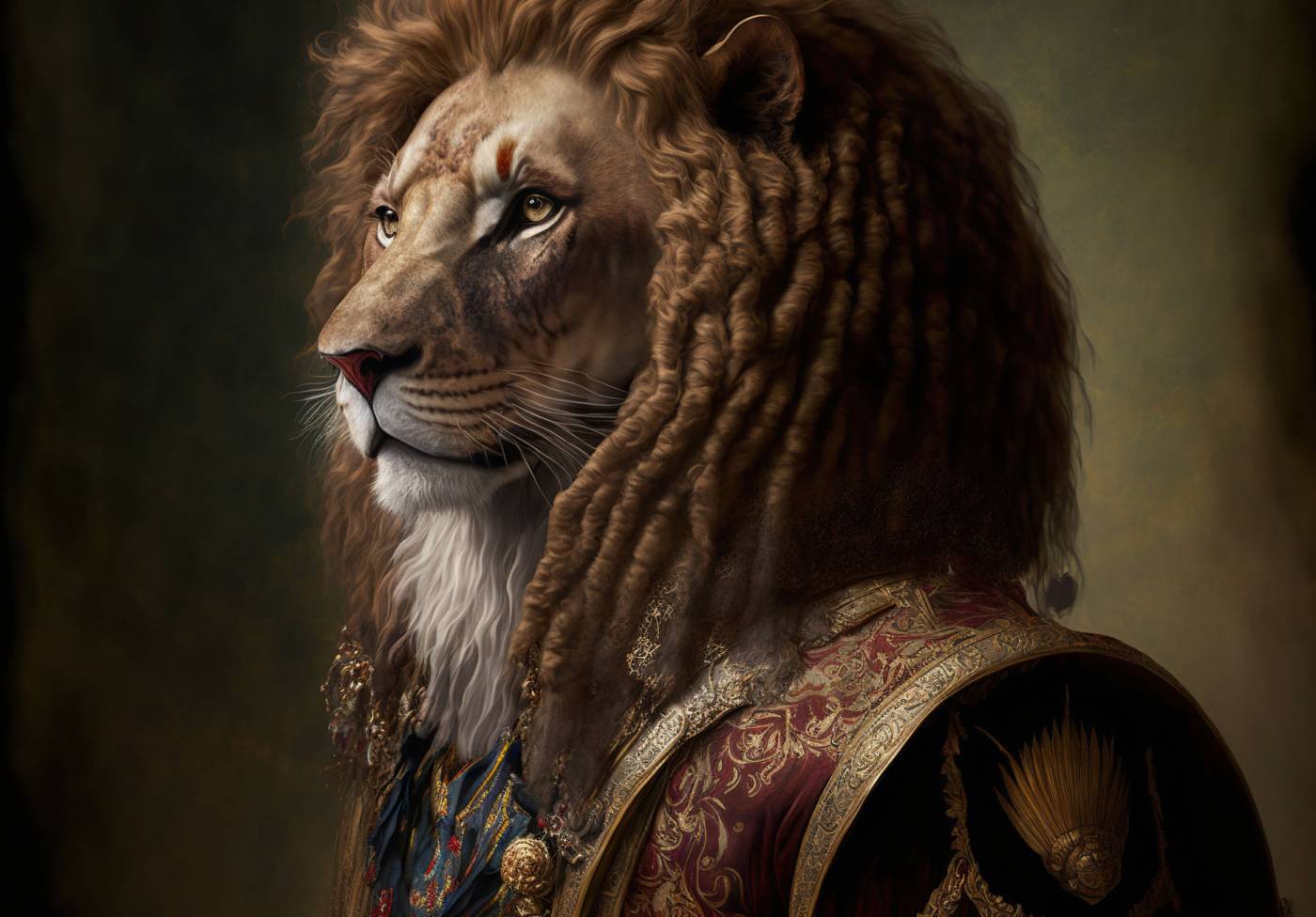 Created with Generative AI technology. portrait of a king lion in renaissance clothing