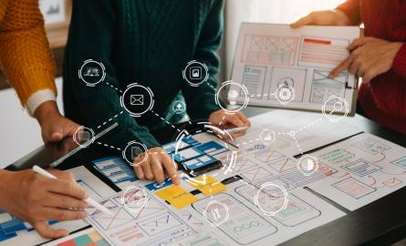 UX graphic designer planning application process development prototype wireframe for web smart phone. Creative digital development agency. in office