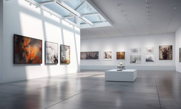 An art gallery with beautiful paintings displayed on minimalist white walls. Generative AI