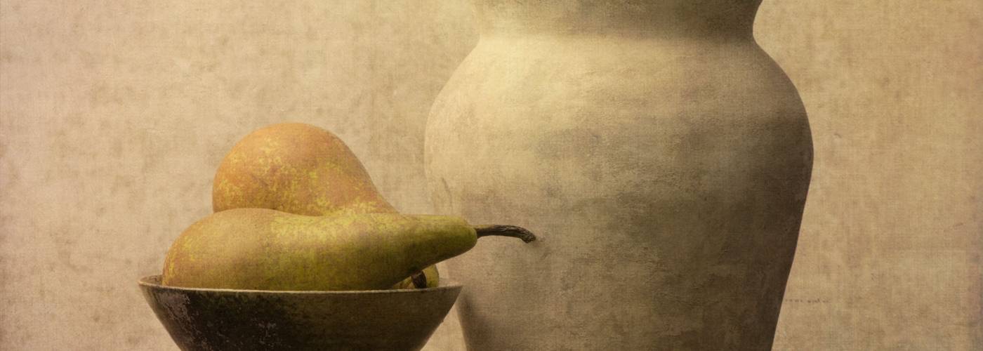 Fruit still life with pears on wooden table. Vintage rustic food image with artistic texture effect.