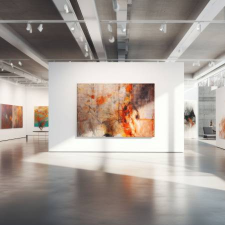 An art gallery with beautiful paintings displayed on minimalist white walls. Generative AI