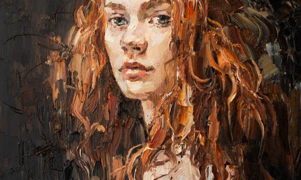 Art painting. Fragment of portrait of a girl with brown hair is made in a classic style.