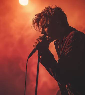 A man stands in front of a microphone with a bright blue light behind him.