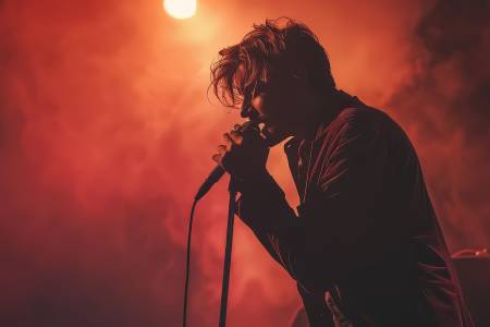 A man stands in front of a microphone with a bright blue light behind him.