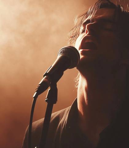 Male singer passionately performing on stage with a microphone, backlit by warm, dramatic lighting creating a smoky atmosphere.