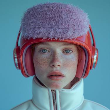 Serene Portrait with Fluffy Hat and Red Headphones