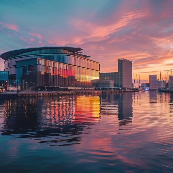 exterior of modern concert hall near the water at night. urban landscape