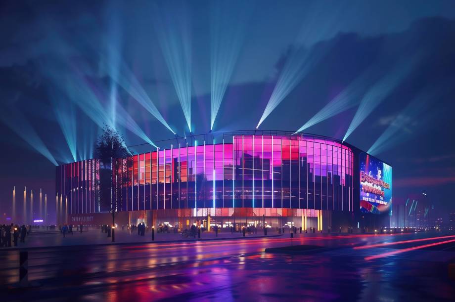 exterior of modern concert hall near the water at night. urban landscape