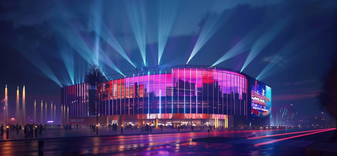 exterior of modern concert hall near the water at night. urban landscape