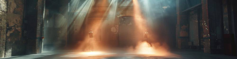 Epic scene of stage with spotlight and smoke, empty concert hall or dance club interior background