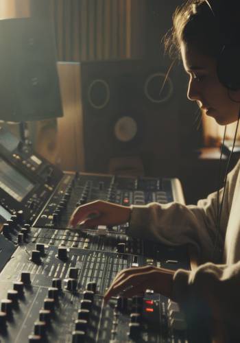 A focused audio engineer adjusts sound levels on a mixing console in a dimly-lit, sophisticated recording studio.