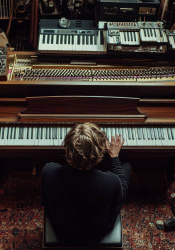 This image shows a musician focused on playing the piano. The room is filled with various musical instruments. It captures the essence of creativity and sound production. Generative AI