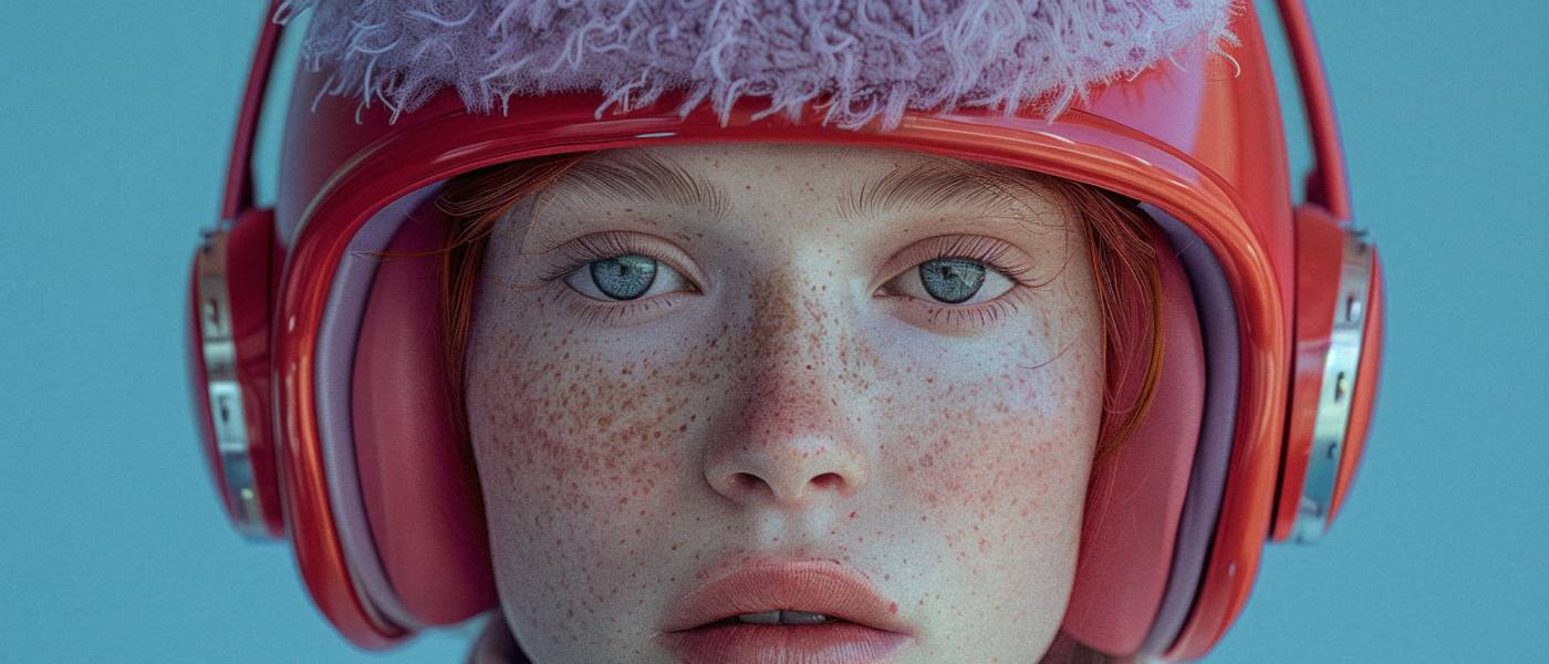 Serene Portrait with Fluffy Hat and Red Headphones